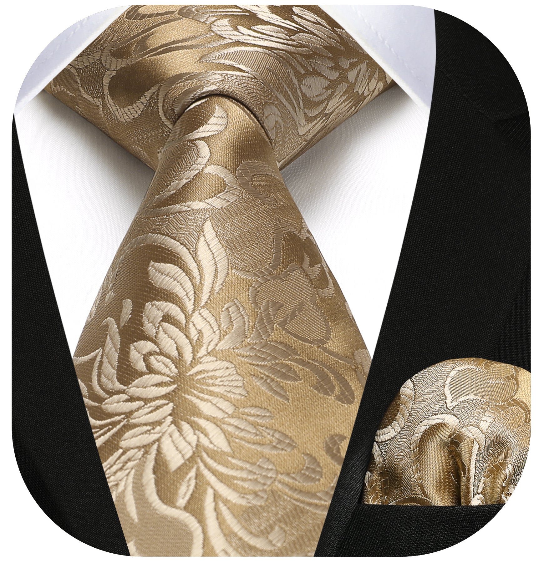 Floral Tie Handkerchief Set - 03A-GOLD4