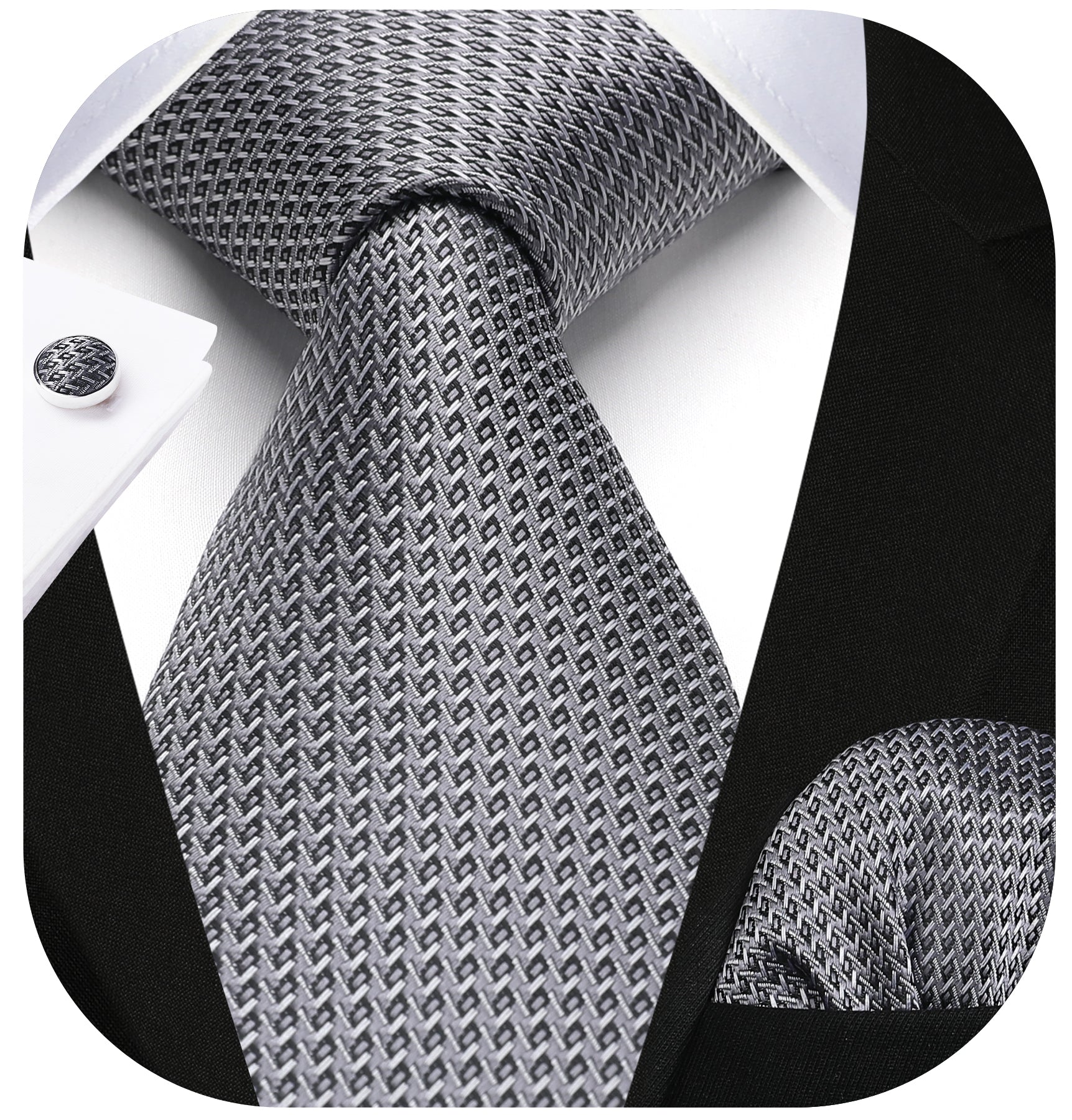 Houndstooth Tie Handkerchief Cufflinks - D1 - BLACK/SILVER