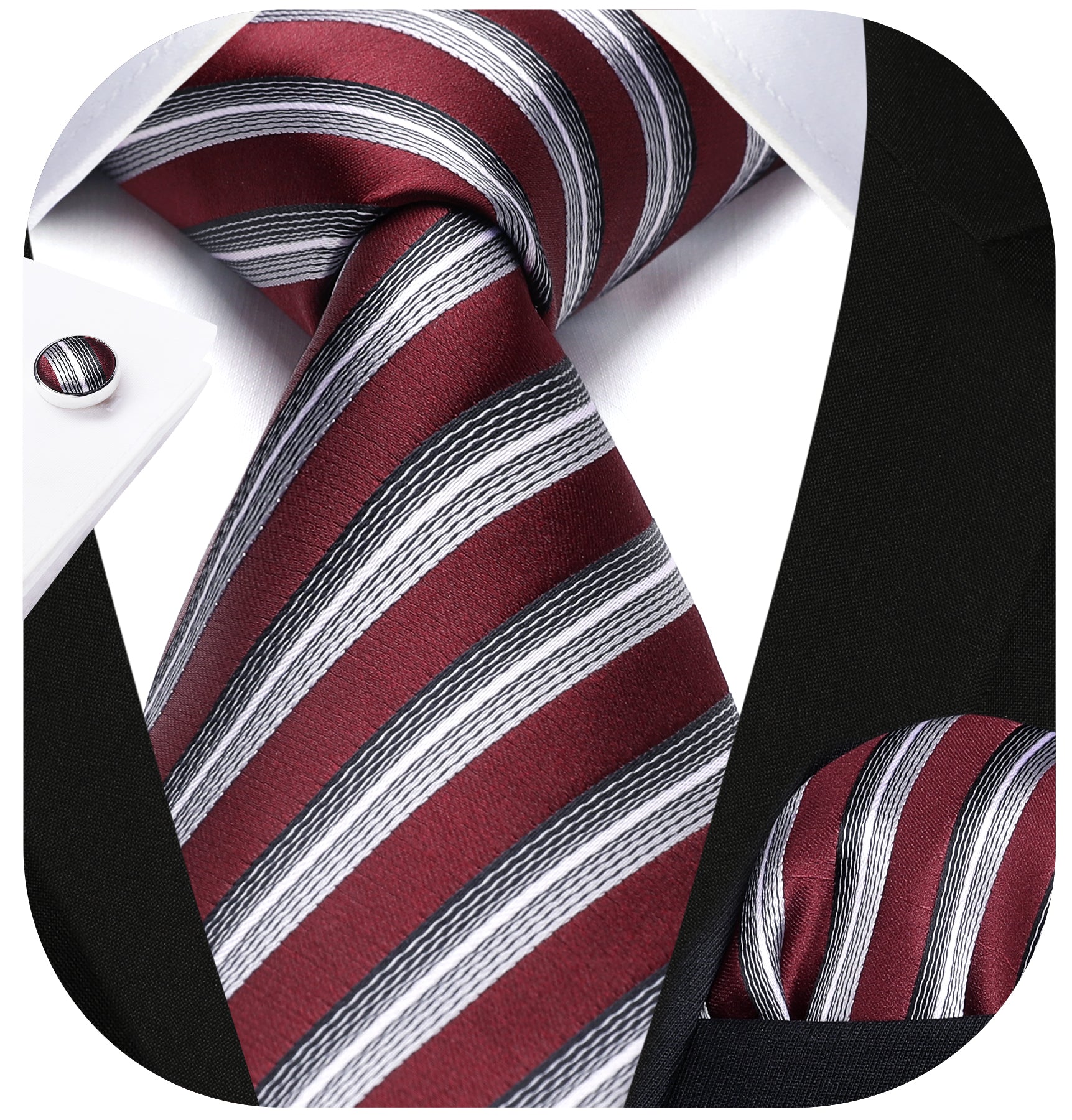 Stripe Tie Handkerchief Cufflinks - 02B-STRIPE-RED/GRAY