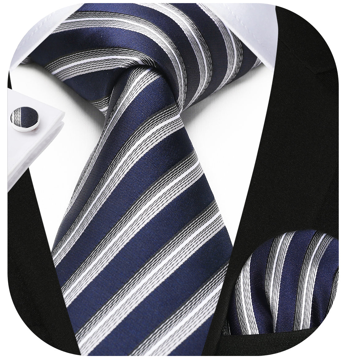 Stripe Tie Handkerchief Cufflinks - F1 - NAVY/GREY