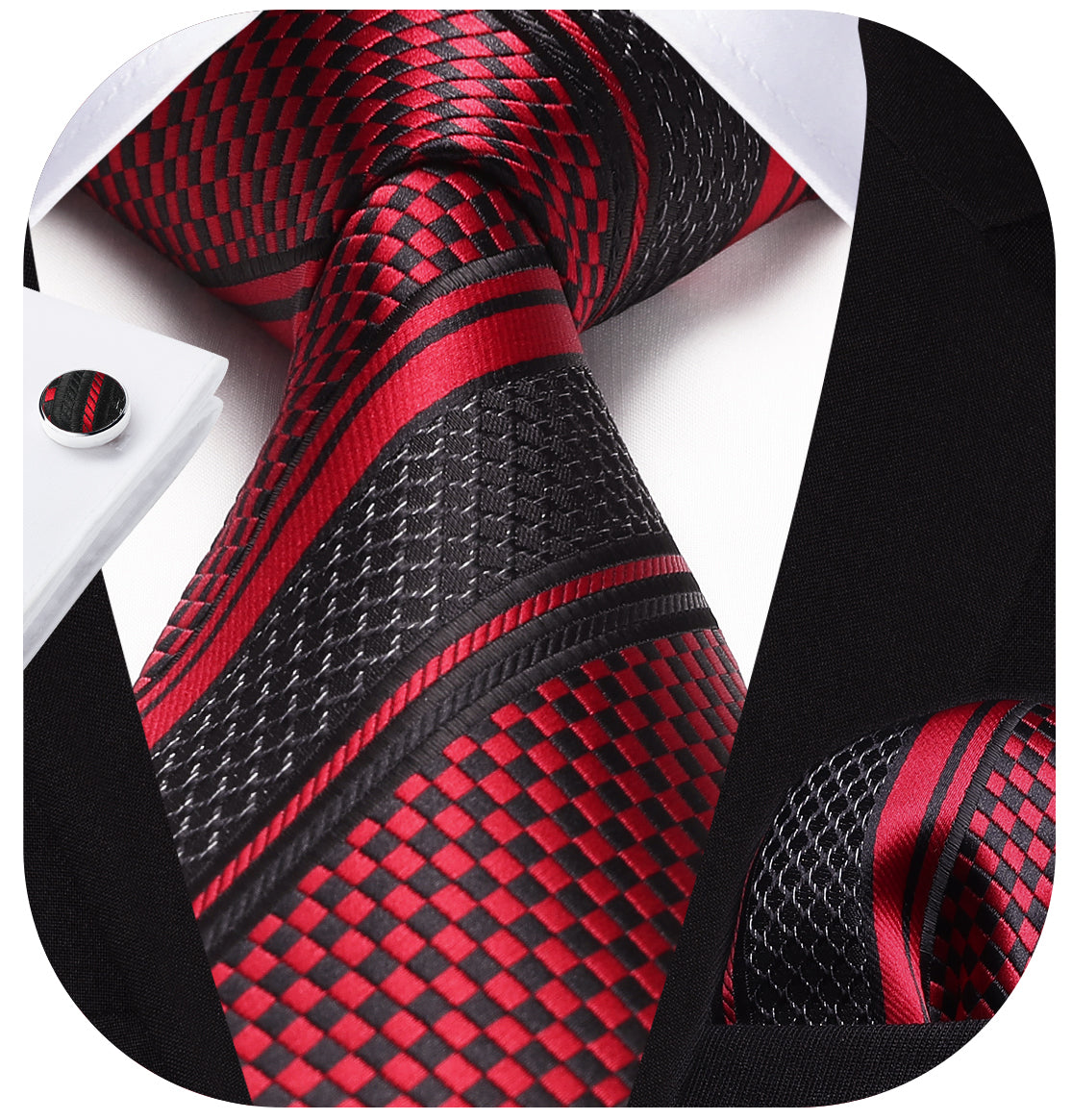 Stripe Tie Handkerchief Cufflinks - C1-RED