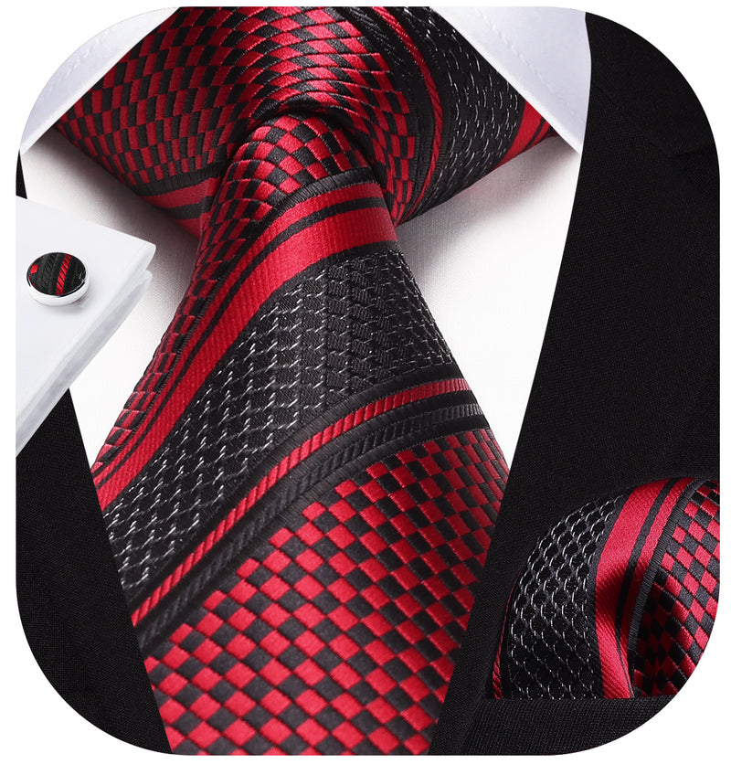 Stripe Tie Handkerchief Cufflinks - C1-RED 