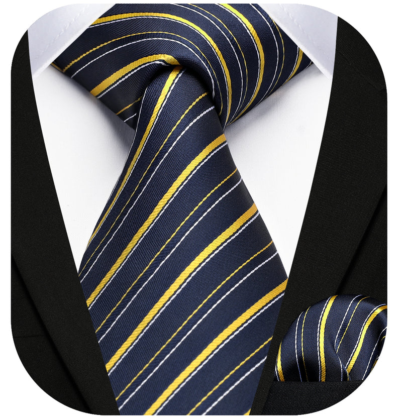 Stripe Tie Handkerchief Set - V- NAVY BLUE-8 