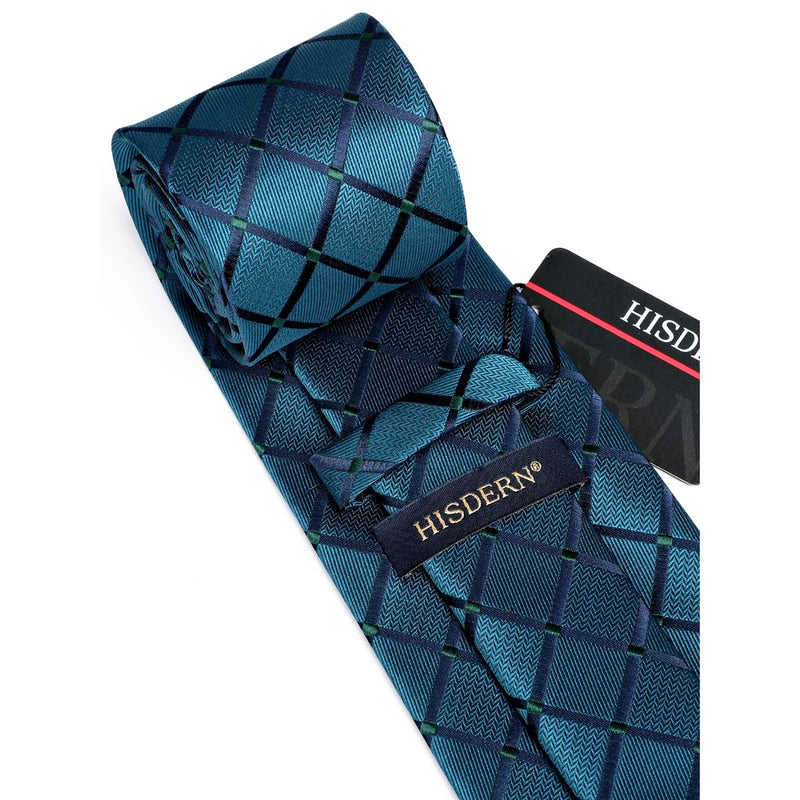 Plaid Tie Handkerchief Set - A6-TEAL 