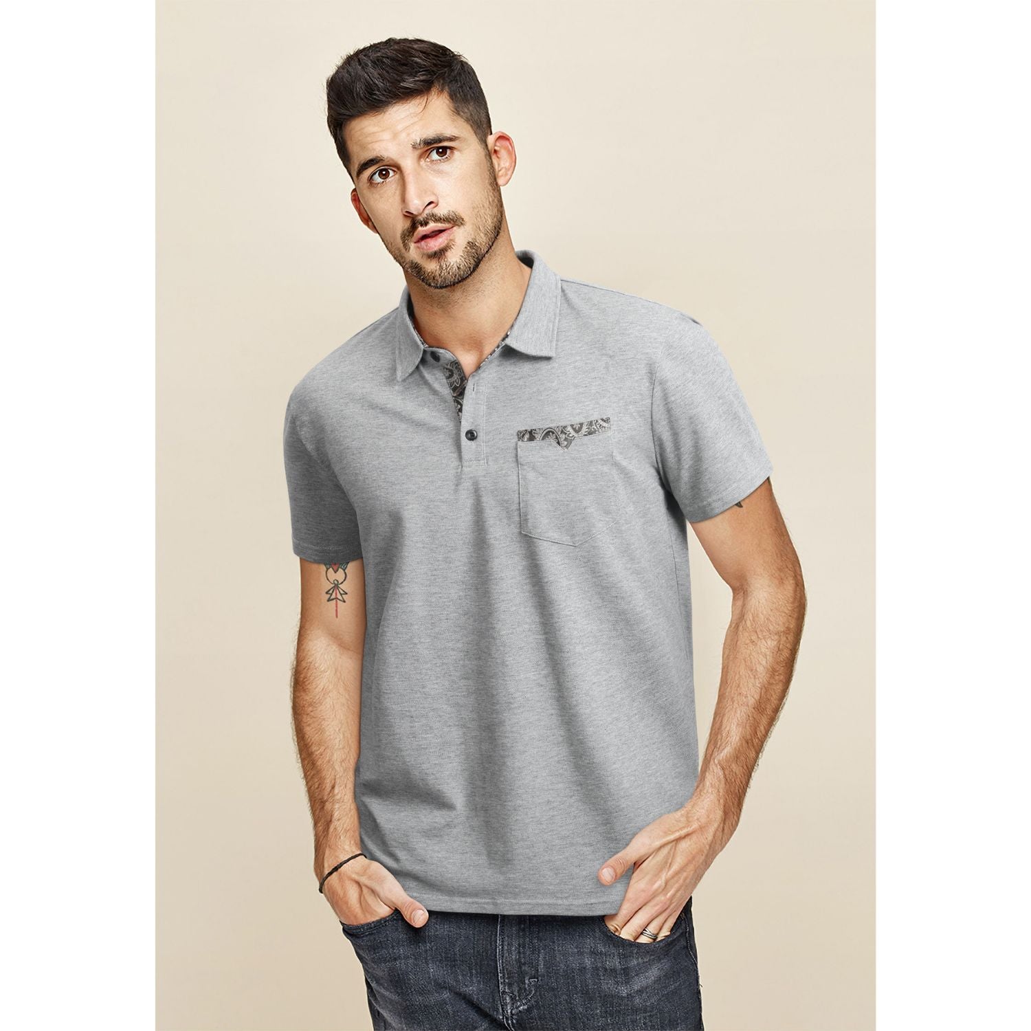Polo Shirts Short Sleeve with Pocket - H-GREY-PAISLEY