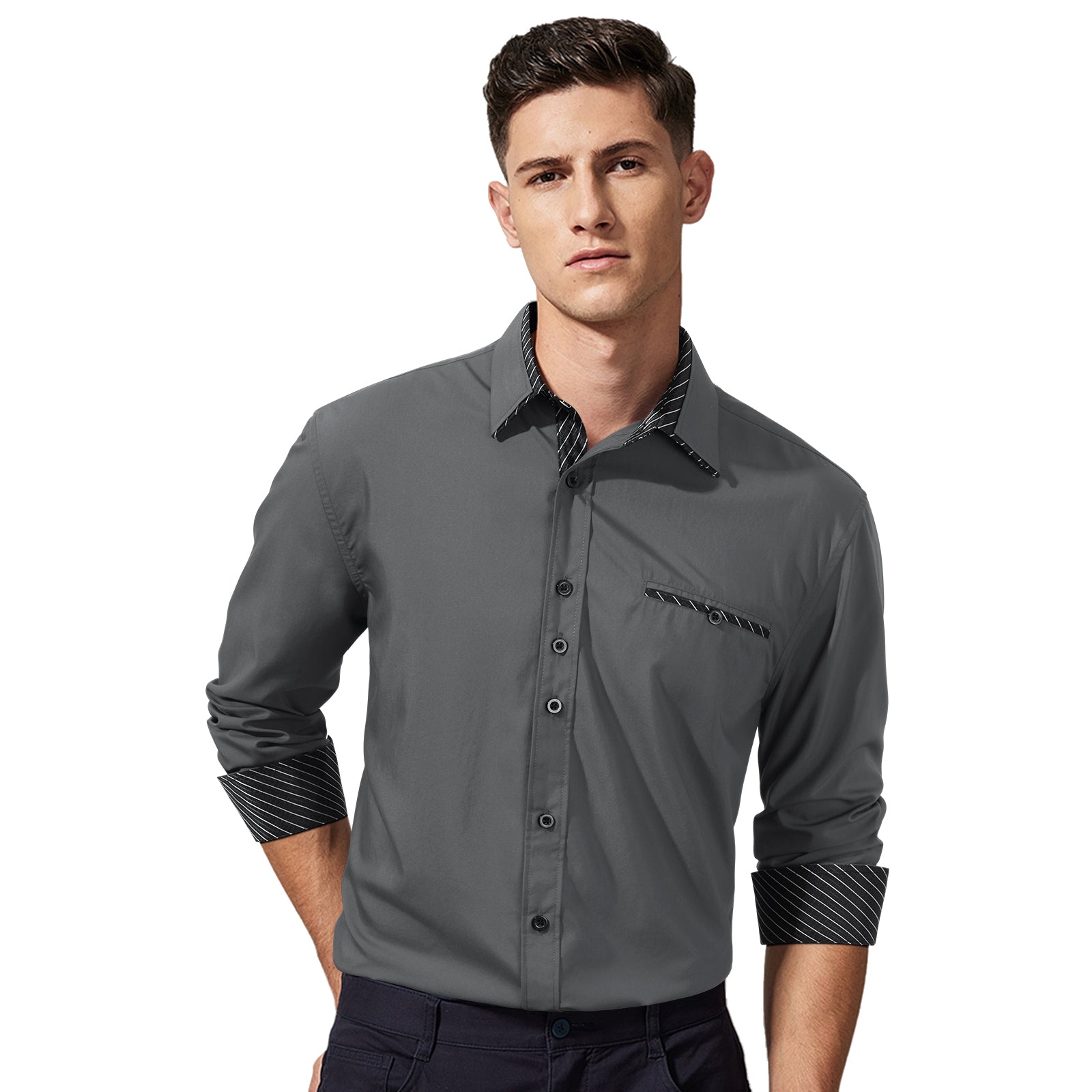Casual Formal Shirt with Pocket - A-04 GREY/BLACK
