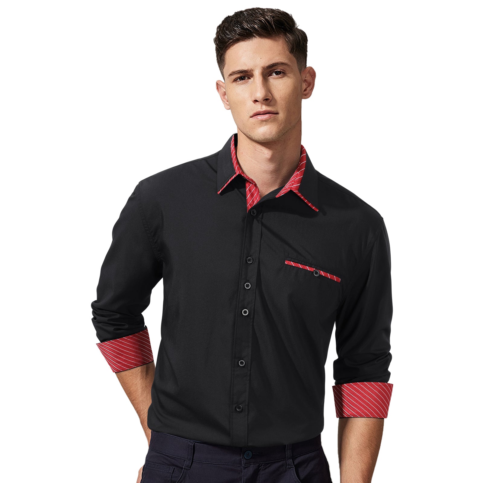 Casual Formal Shirt with Pocket - A-06 BLACK/RED