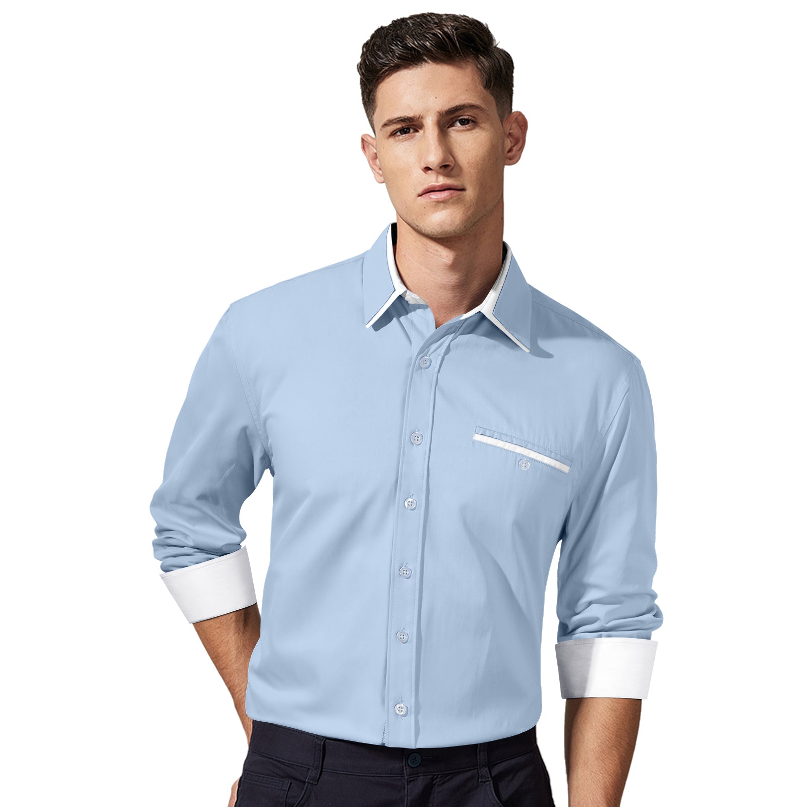 Casual Formal Shirt with Pocket - BLUE/WHITE