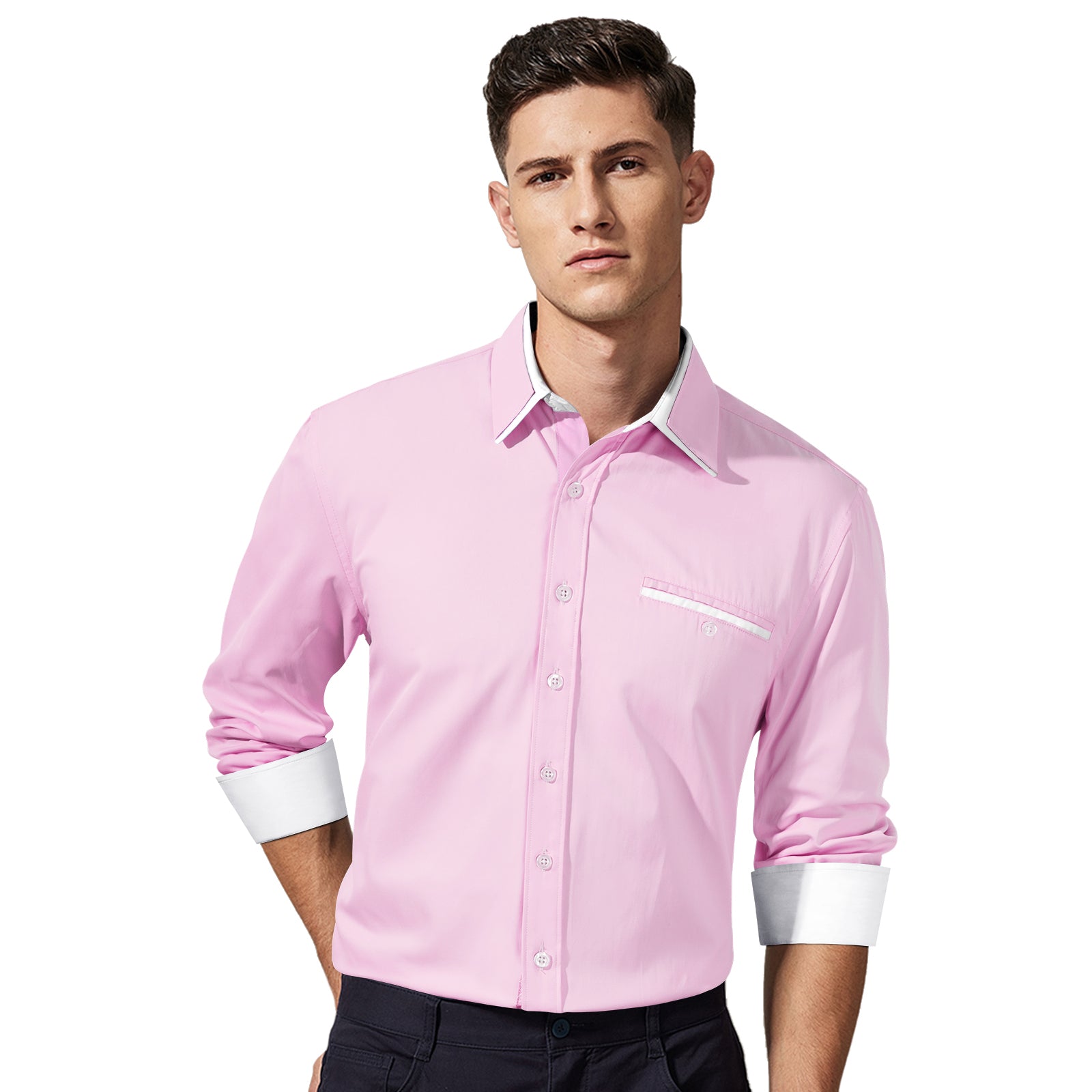 Casual Formal Shirt with Pocket - PINK/WHITE