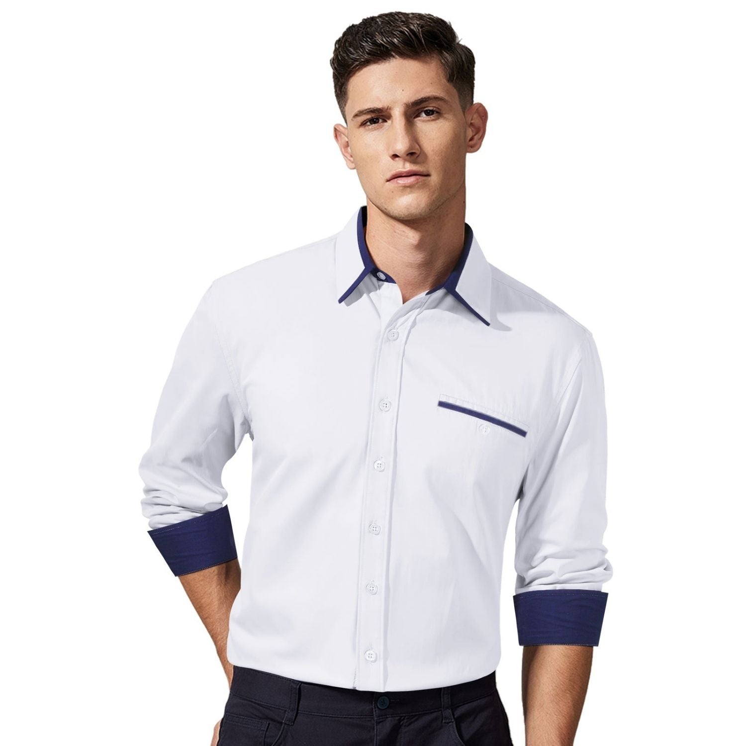 Casual Formal Shirt with Pocket - WHITE/BLACK