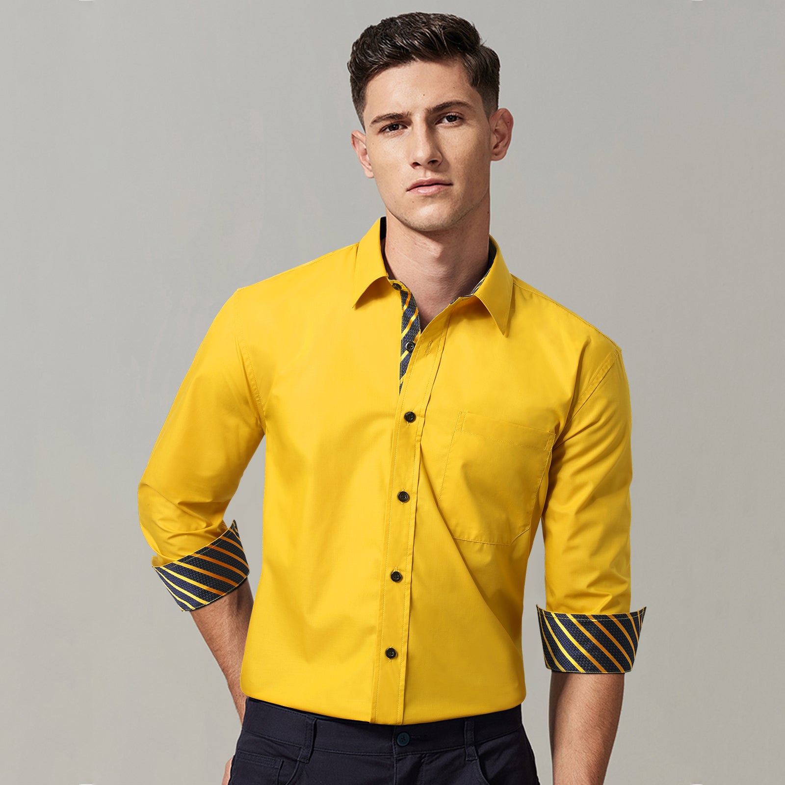Casual Formal Shirt with Pocket - YELOW/STRIPED