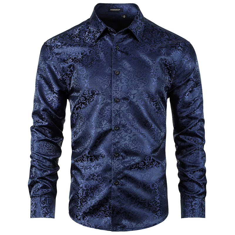 Floral Satin Dress Shirt - 04-NAVY BLUE 