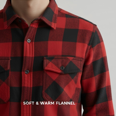 Red and black checkered flannel shirt on a gray background with 'Soft & Warm Flannel' text.