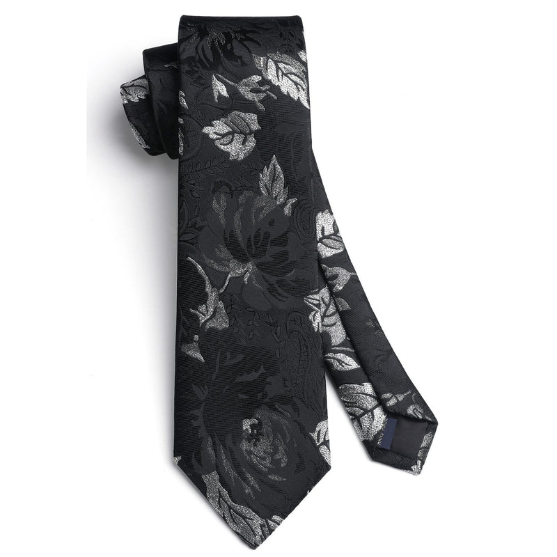 Floral Tie Handkerchief Cufflinks - BLACK 