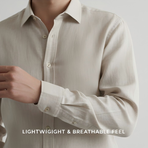 Beige shirt with text 'Lightweight & Breathable Feel' on a light gray background