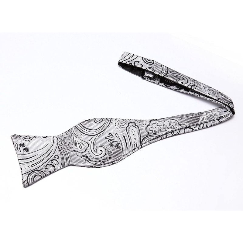 Paisley Floral Suspender Bow Tie Handkerchief - SILVER/BLACK