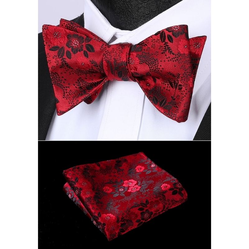 Floral Bow Tie & Pocket Square - A-RED/BLACK