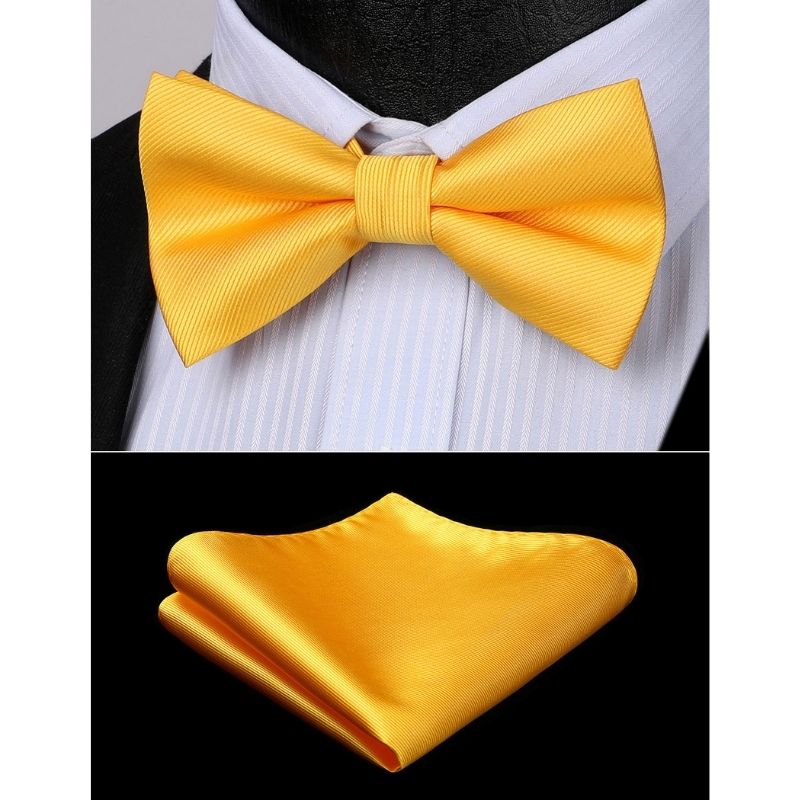 Solid Pre-Tied Bow Tie & Pocket Square - Y-BRIGHT YELLOW