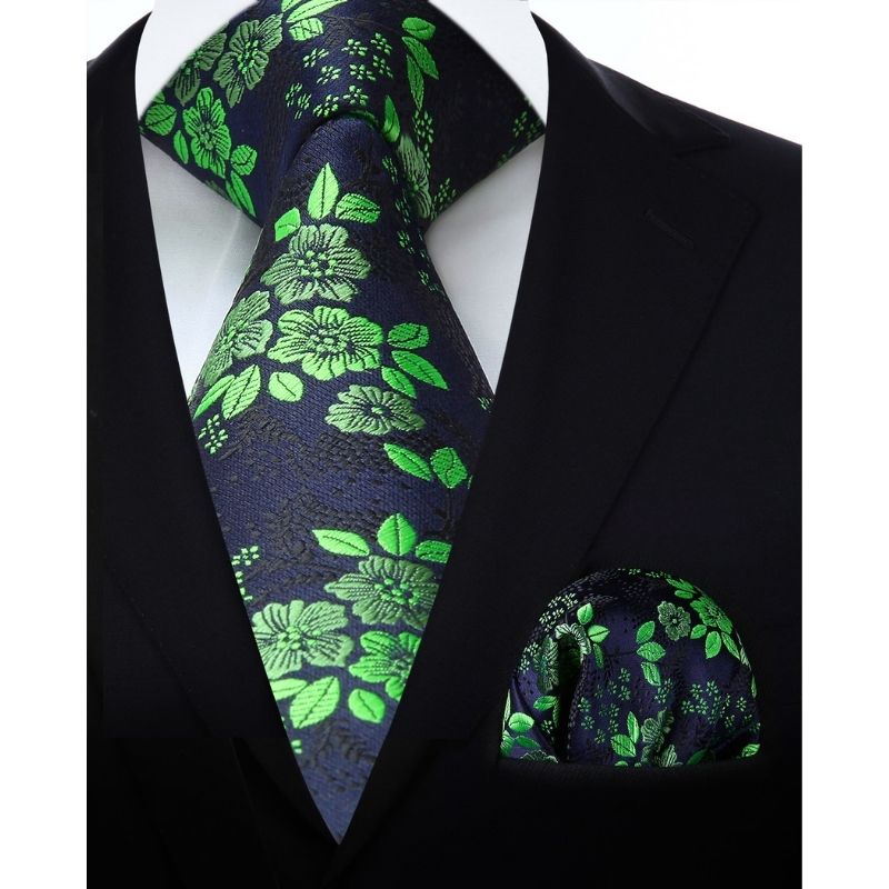 Floral 3.4 Tie Handkerchief Set - 10-GREEN/NAVY BLUE