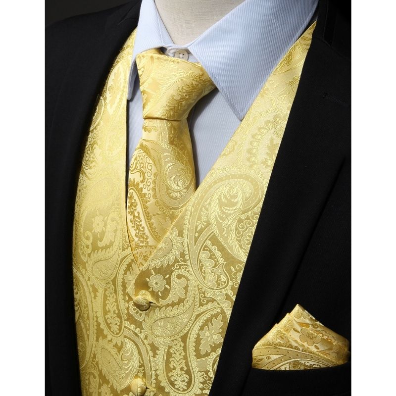 Paisley Vest Tie Handkerchief Set Yellow