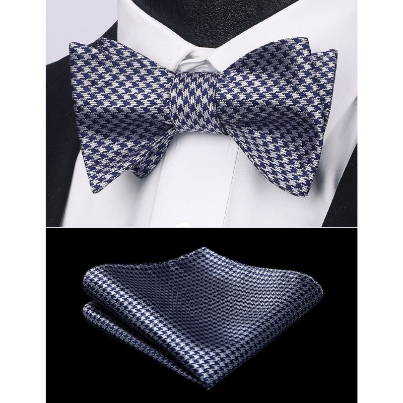 Plaid Bow Tie & Pocket Square - D-NAVY BLUE/GRAY