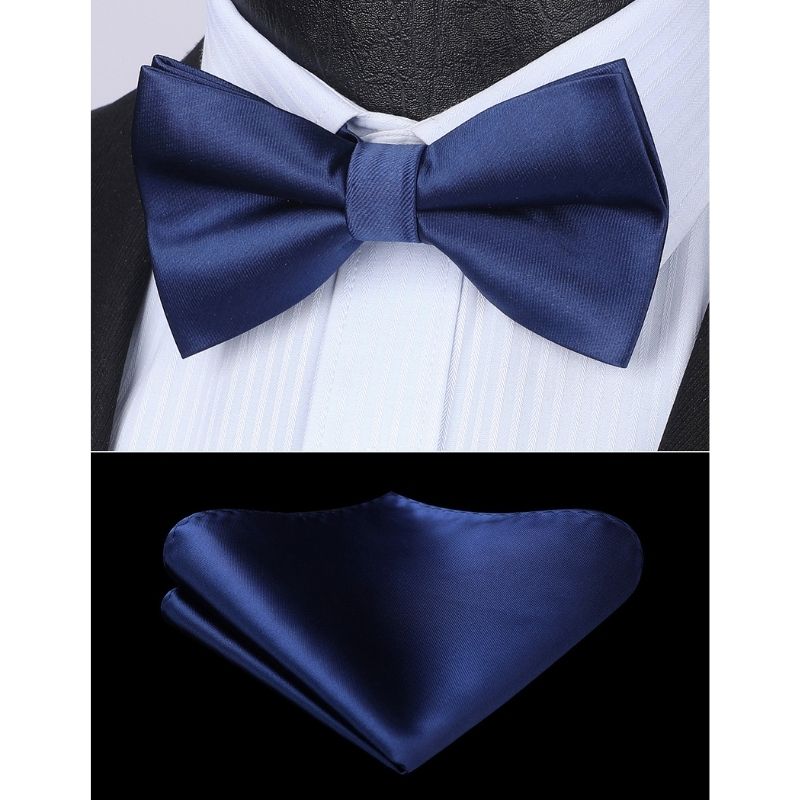 Solid Pre-Tied Bow Tie & Pocket Square - V-NAVY BLUE 1