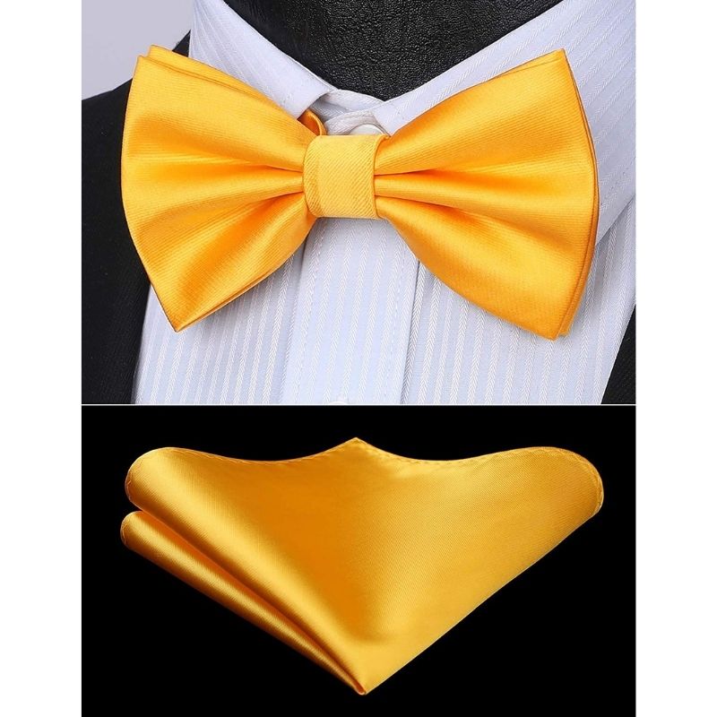Solid Pre-Tied Bow Tie & Pocket Square - Y-BRIGHT YELLOW