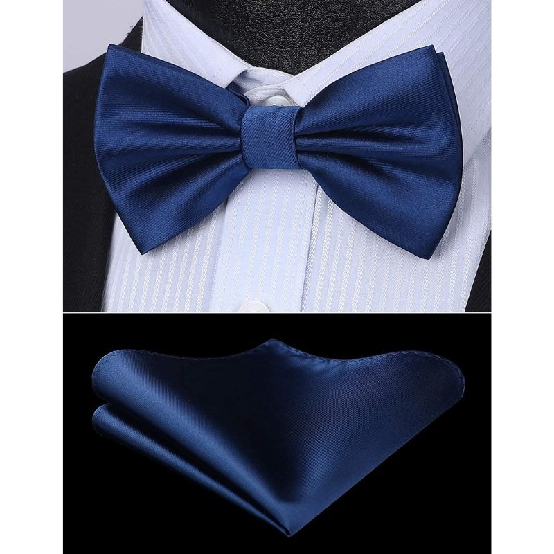 Solid Pre-Tied Bow Tie & Pocket Square - V-NAVY BLUE 2