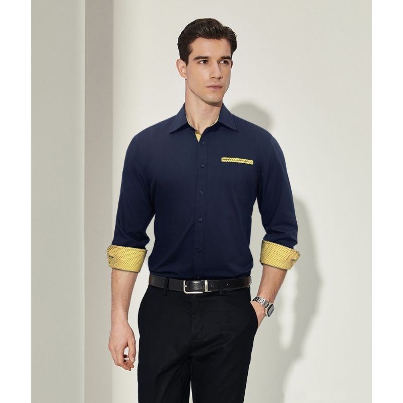 Casual Formal Shirt with Pocket - B-NAVY/YELLOW