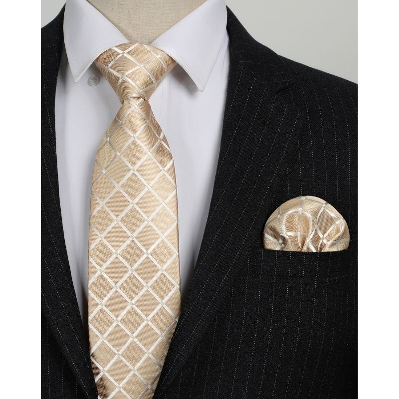 Plaid Tie Handkerchief Set - A8-CHAMPAGNE