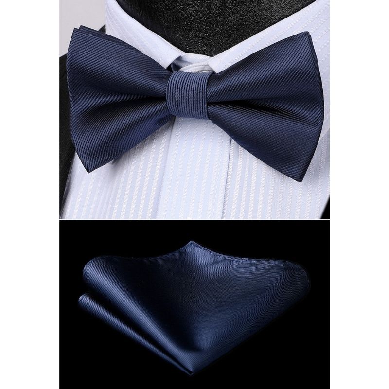 Solid Pre-Tied Bow Tie & Pocket Square - V-NAVY BLUE 1