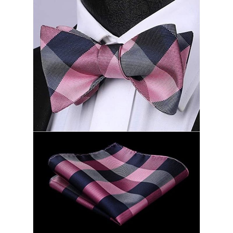 Plaid Bow Tie & Pocket Square - E-PINK / NAVY BLUE