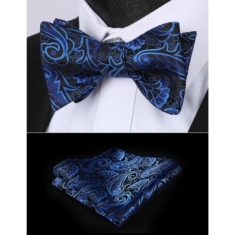 Paisley Floral Bow Tie & Pocket Square - 01-BLUE / BLACK