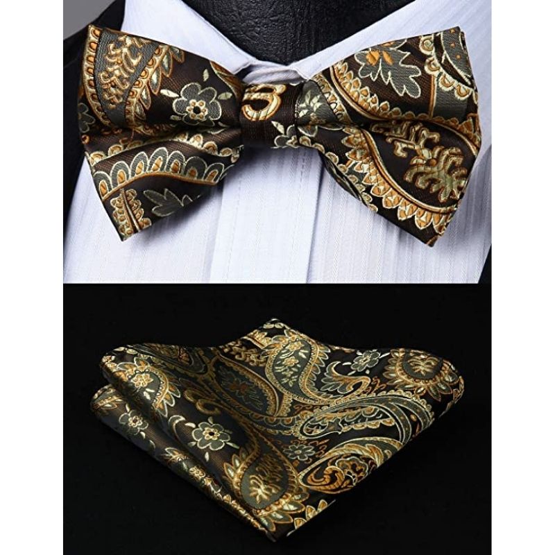 Paisley Pre-Tied Bow Tie & Pocket Square - C-BROWN2