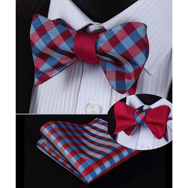 Plaid Bow Tie & Pocket Square - D-BLUE/RED