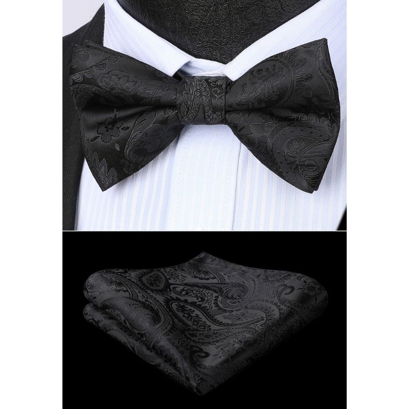 Paisley Pre-Tied Bow Tie & Pocket Square - BLACK