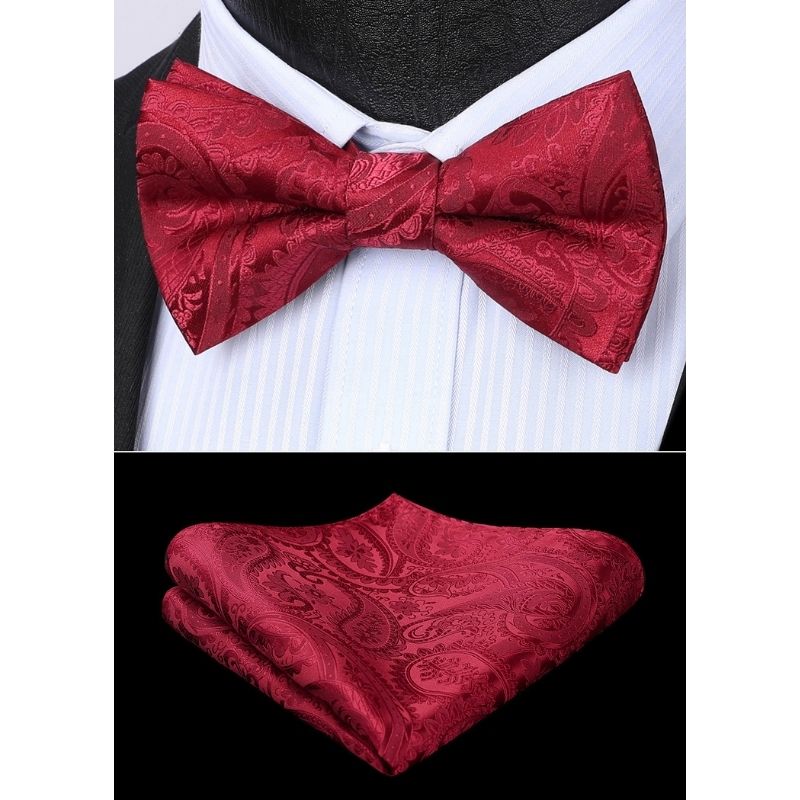 Paisley Pre-Tied Bow Tie & Pocket Square - BURGUNDY