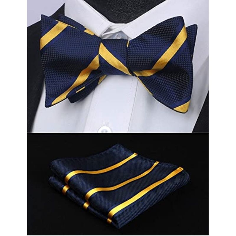 Stripe Bow Tie & Pocket Square - B-NAVY BLUE/YELLOW