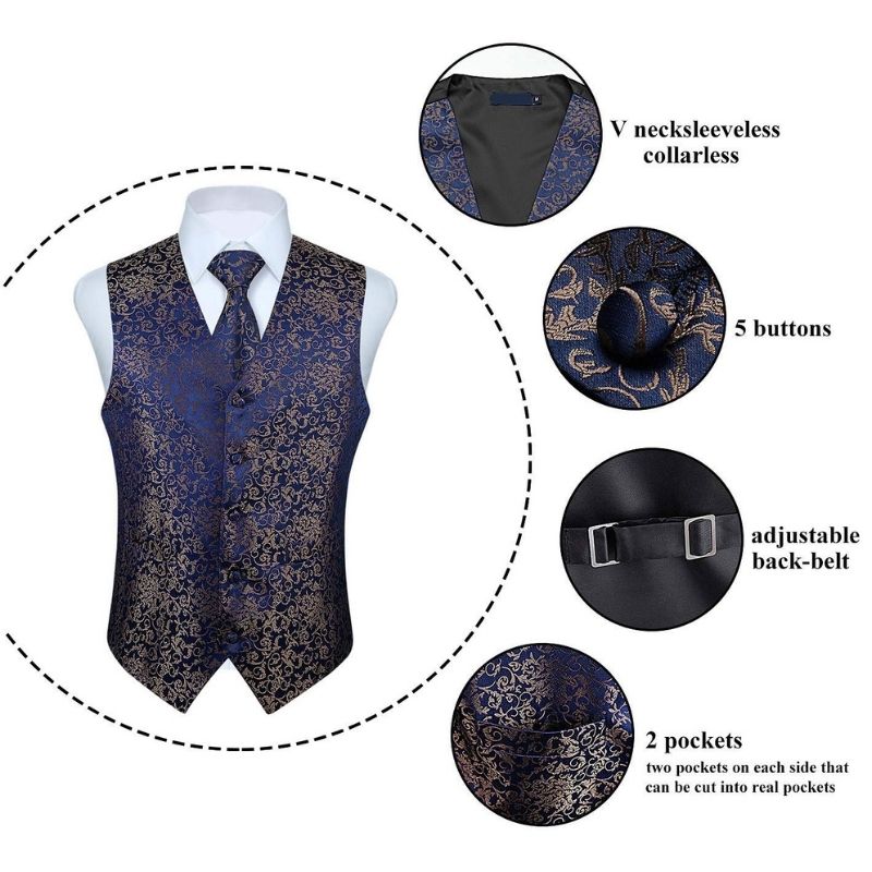 Paisley Vest Tie Handkerchief Set F Navy Blue Brown