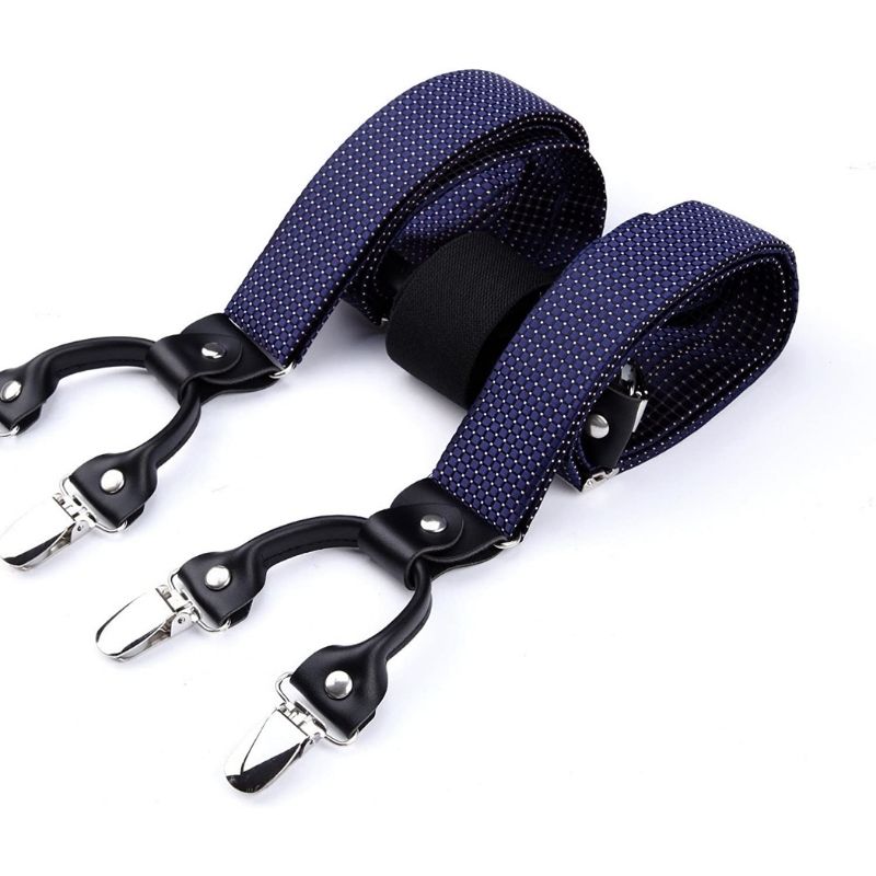 Plaid Suspender Pre Tied Bow Tie Handkerchief Navy Blue