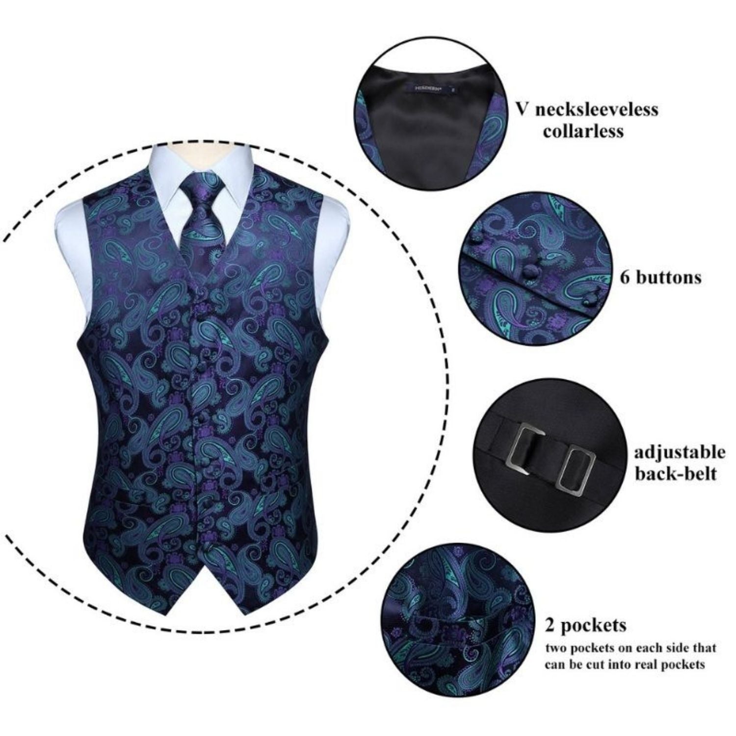 Paisley Vest Tie Handkerchief Set Purple Green