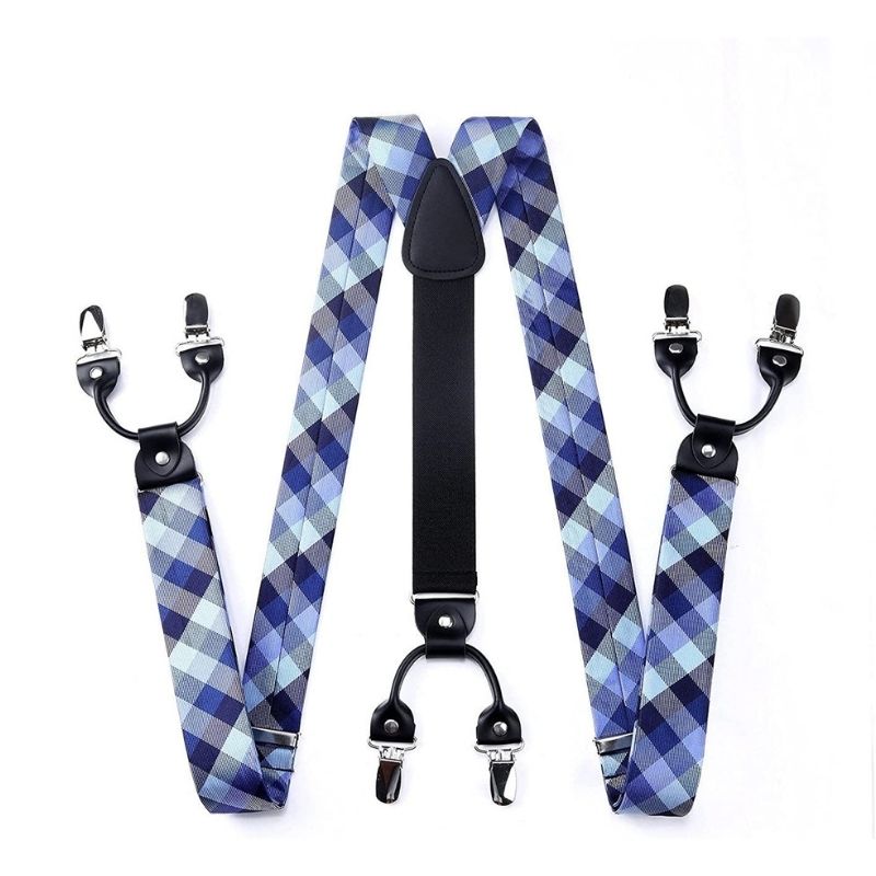 Plaid Suspender Bow Tie Handkerchief 02 Steel Blue Gray