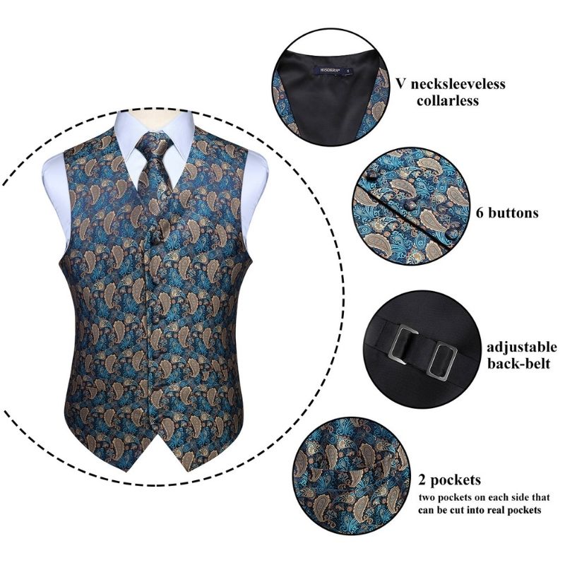 Paisley 3Pc Suit Vest Set F Navy Blue Brown