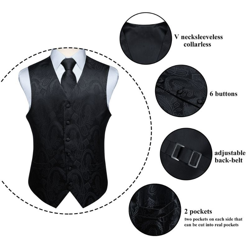 Paisley Vest Tie Handkerchief Set Black 3