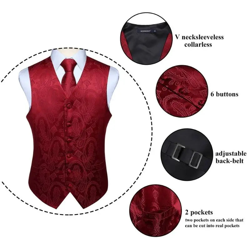 Paisley Vest Tie Handkerchief Set Burgundy