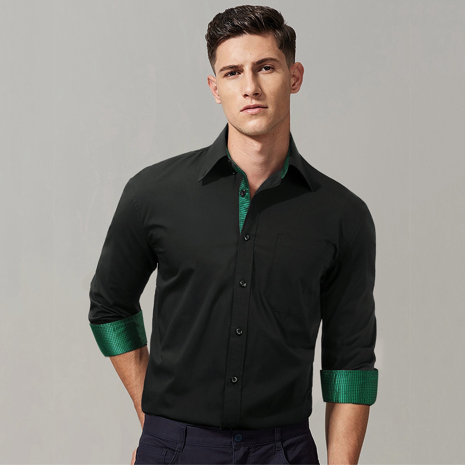 Casual Formal Shirt with Pocket - 01-BLACK/GREEN