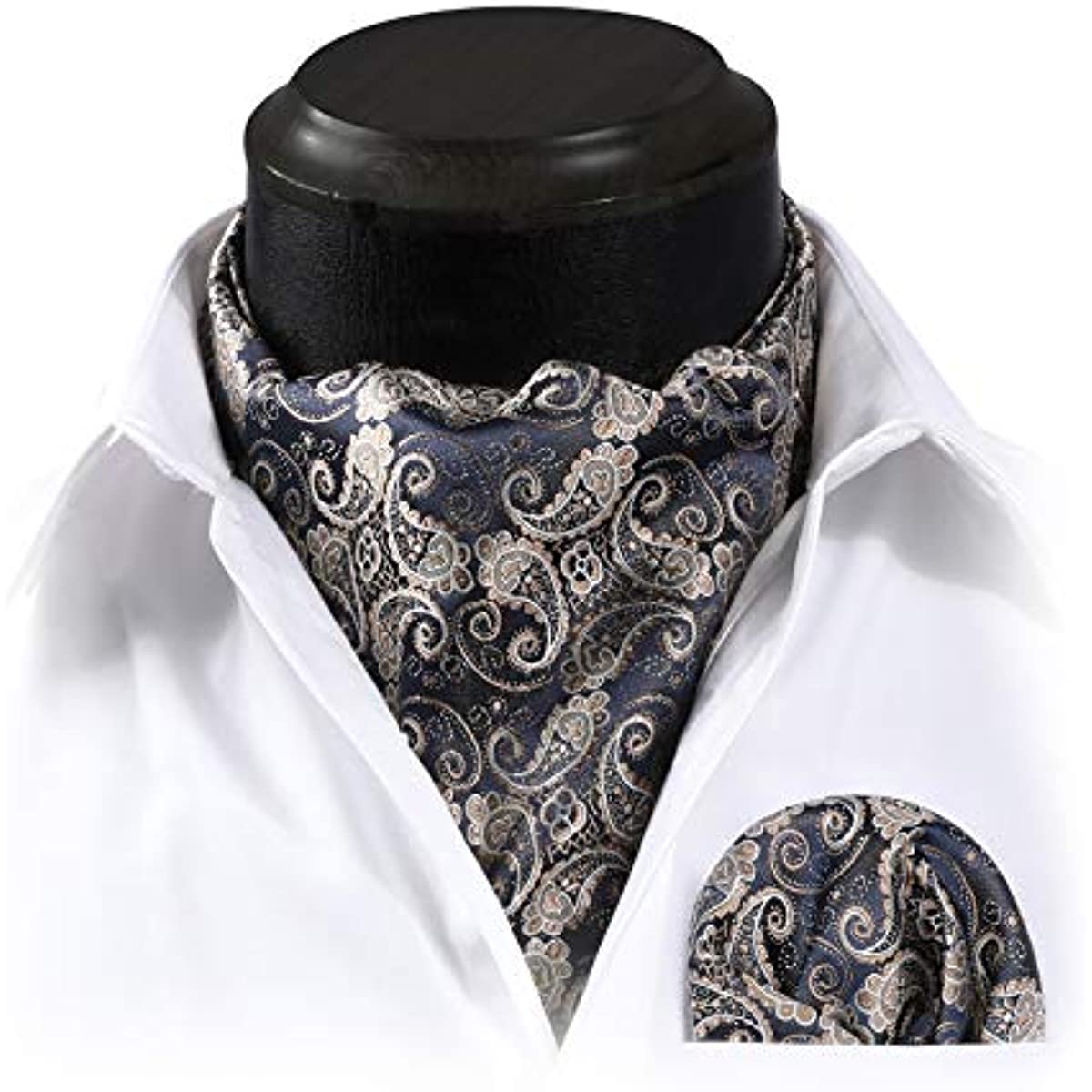 Paisley Ascot Handkerchief Set - A-NAVY BLUE PAISLEY