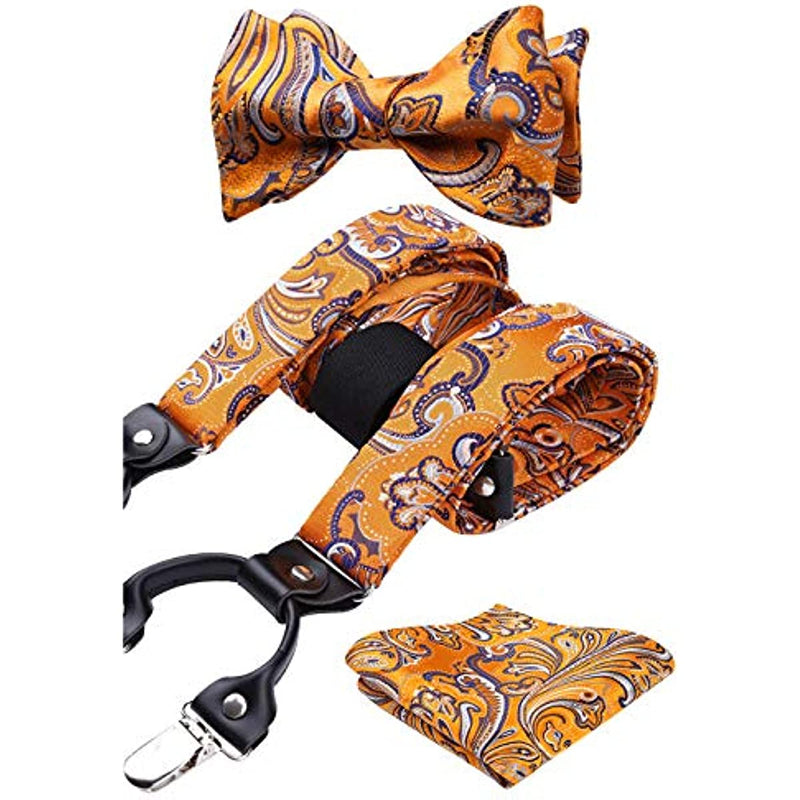 Paisley Floral Suspender Bow Tie Handkerchief - 9-ORANGE/BLUE/WHITE