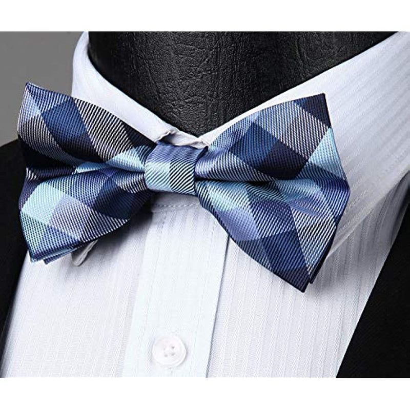 Plaid Pre-Tied Bow Tie & Pocket Square Sets - 15-CHECK-NAVY BLUE