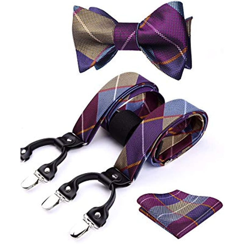 Plaid Suspender Bow Tie Handkerchief - BURGUNDY